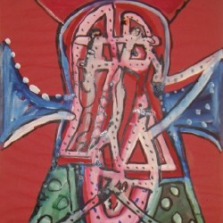 F-N-Souza-Head-with-cross-watercolour-and-ink-on-red-paper-20.5-x-15.5-ins-1966